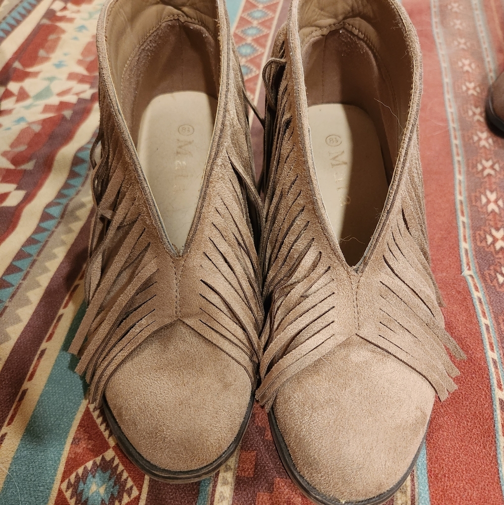 Cream suede fringe bootie
